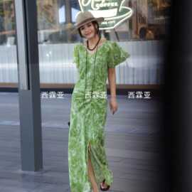 金辉夏季新款高奢时尚真丝双绉印花领大波浪袖腰抽绳连衣裙