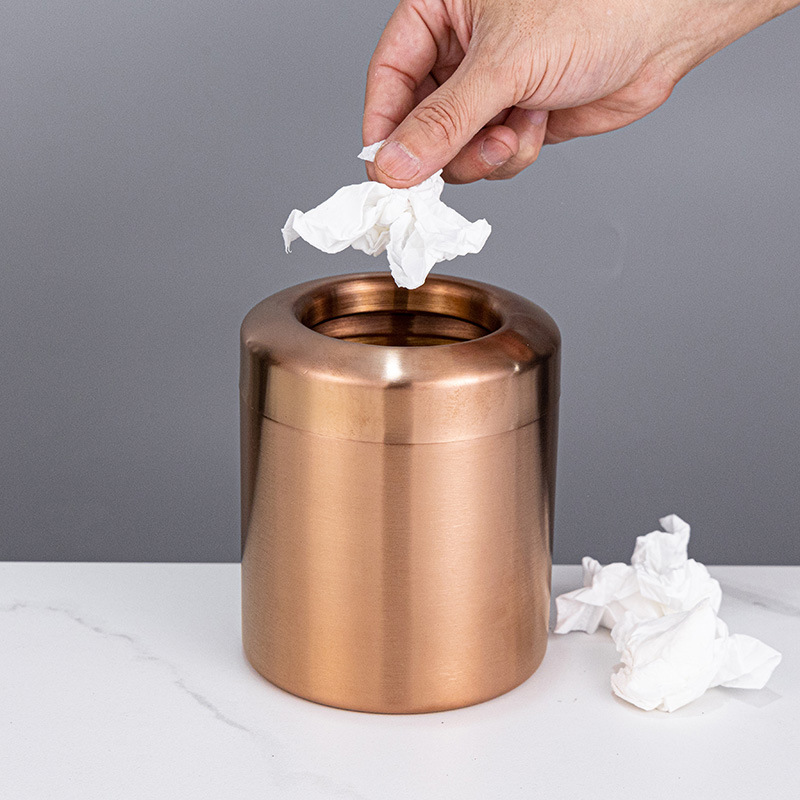 304 Stainless Steel Desktop Trash Can, Antique Bronze Color, for Home Coffee Table or Office Desk Storage, High-Value Lidless Wastebasket