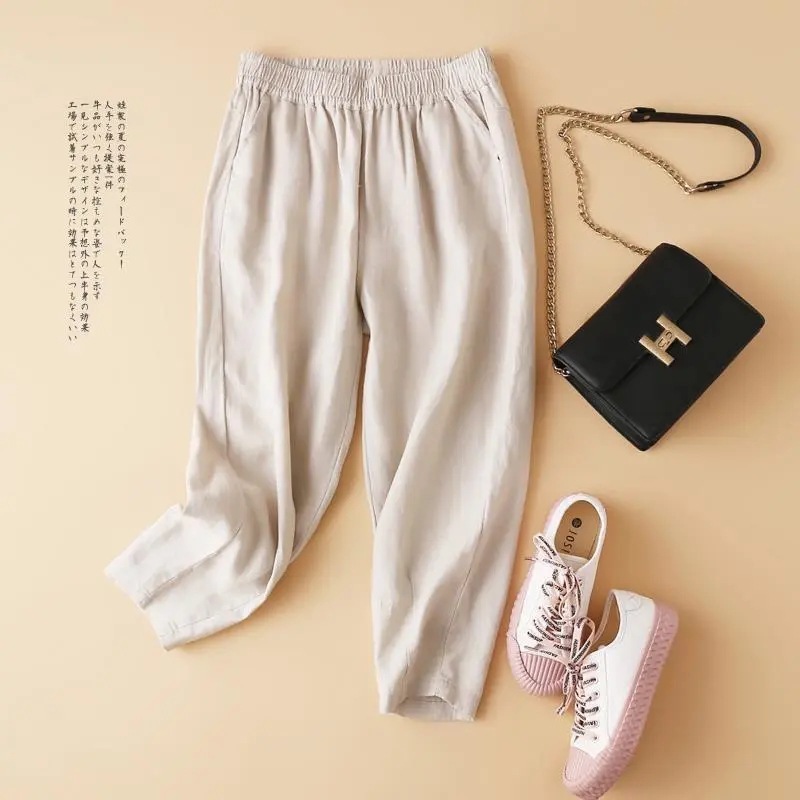 綿麻の七分のズボンの女性の夏の薄い金はゆったりしています。|undefined