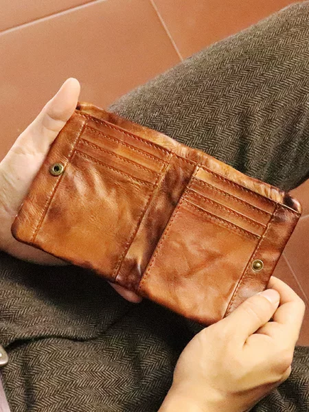 Hand-rubbed Vegetable Tanned Leather Cowhide Wallet Retro Old Youth Student Wallet Silver Bag Vertical Multi-functional Wallet