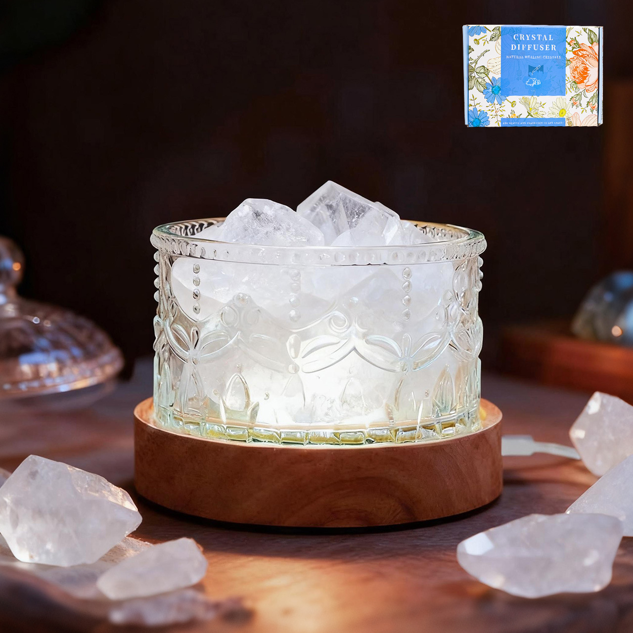 [Caja de regalo] Cristal blanco de 2-4 cm, 300 g + cuenco de cristal con corona + base USB redonda tricolor