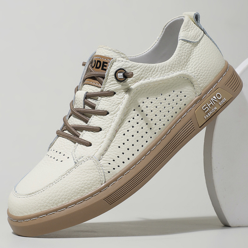 White Shoes Inner Height White Shoes Men's Hollow Leather Shoes Sports Casual Leather Breathable Soft Bottom Summer New Fashion