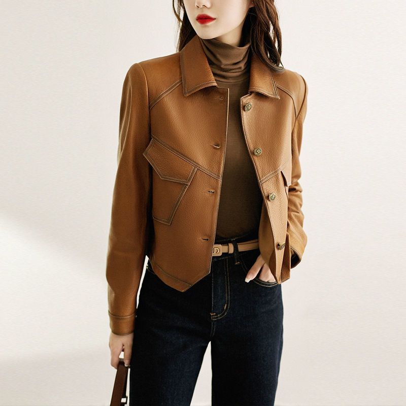 New Leather Jacket Women's Casual Lapel Short Leather Jacket Elegant Fashion American Retro Motorcycle Jacket Trendy Top