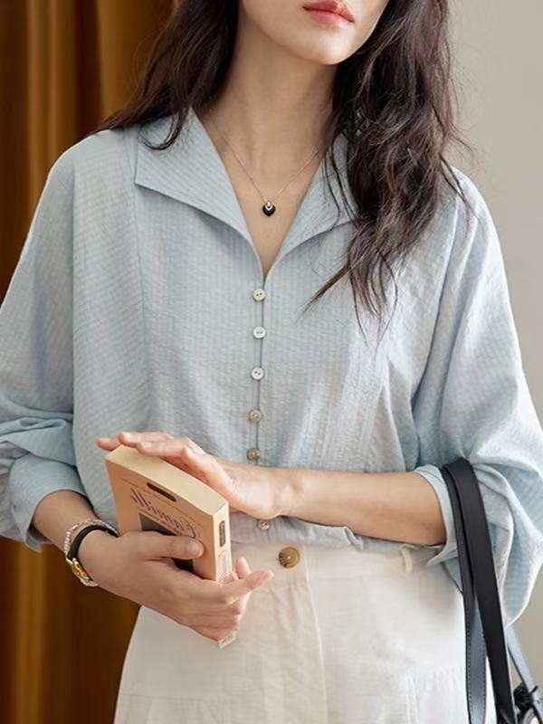 Morirose 蓝绿条纹翻领排扣长袖衬衫女秋季法式复古气质通勤上衣|undefined