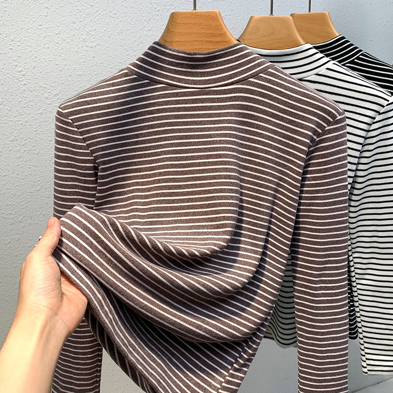 La Mitad de cuello alto de las mujeres que basa la camisa 2023 nuevo contraste de color rayas cepillado camiseta caliente Cintura interior apretado top image 3