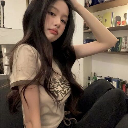 American retro short-style cool girl slim-fit off-shoulder short-sleeved women's summer trendy T-shirt