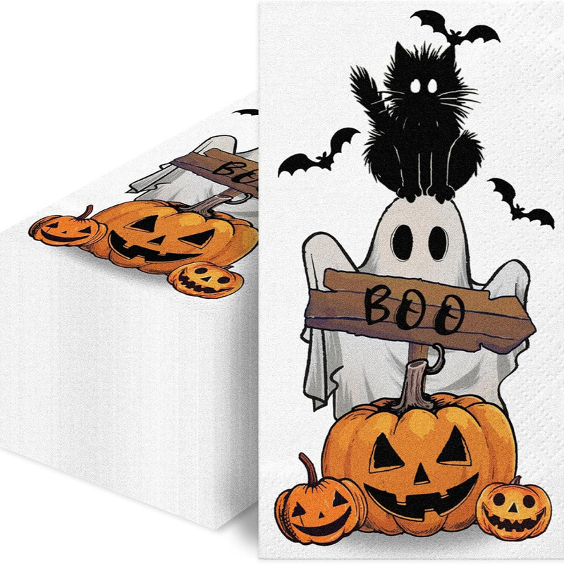 100 pieces of Halloween guest napkins, vintage cloth with ghost, black cat, pumpkin, bat designs, kitchen and bathroom dinner hand towels 100 pieces of Halloween guest napkins, vintage cloth with ghost, black cat, pumpkin, bat designs, kitchen and bathroom dinner hand towels