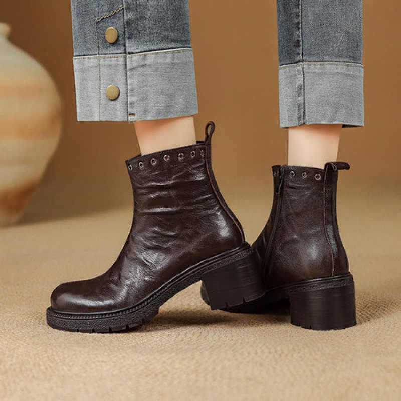 6.5Cm~Genuine Leather Thick-Soled Thick-Heeled Short Boots Brown Retro Boots Women's 2025 New Autumn and Winter Western Boots