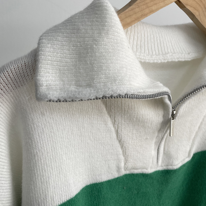 Long Zipper Pullover Women Loose Soft Knitted Long Sleeved Dress Color Contrast Patchwork Top Women