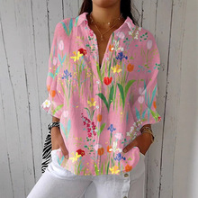 （洗水皱）亚马逊春夏新款3D印花翻领休闲衬衫 女装创意时尚碎花