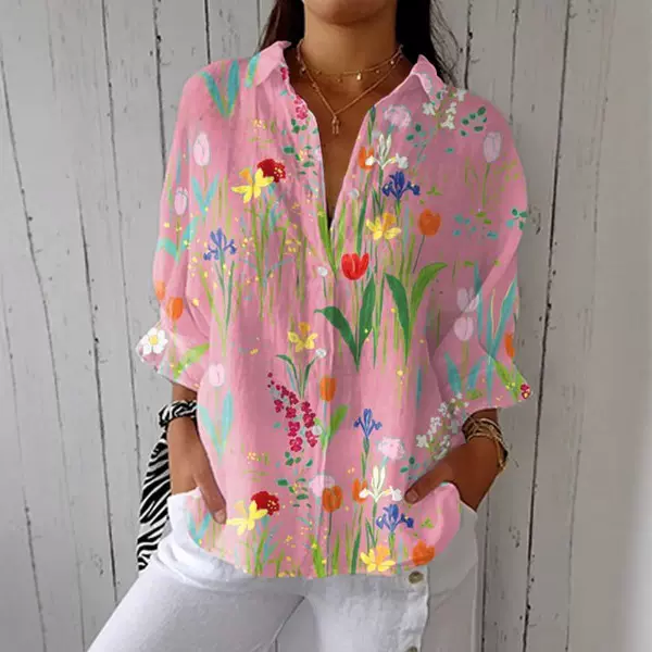 （洗水皱）亚马逊春夏新款3D印花翻领休闲衬衫 女装创意时尚碎花