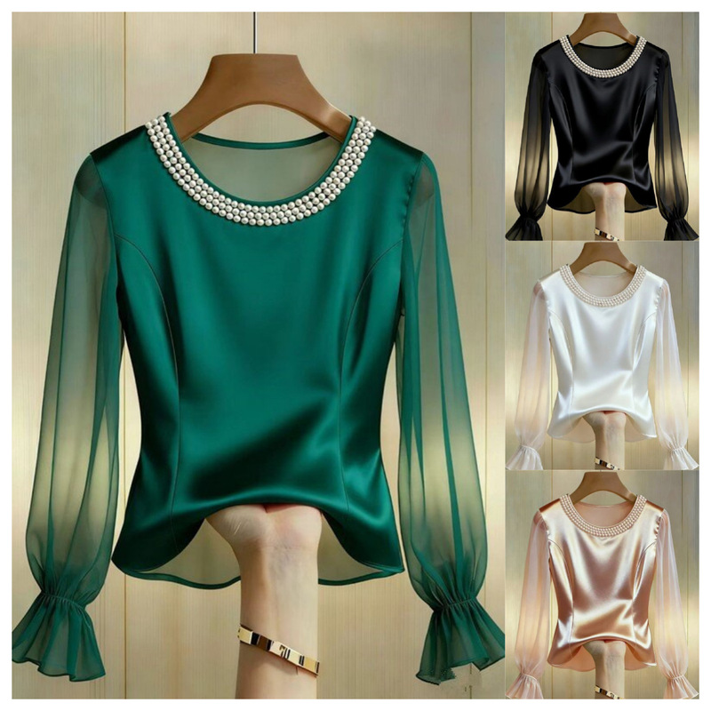 2026 Independent Site Wish Amazon New Satin Pearl Round Neck Sheer Mesh Blouse for Women