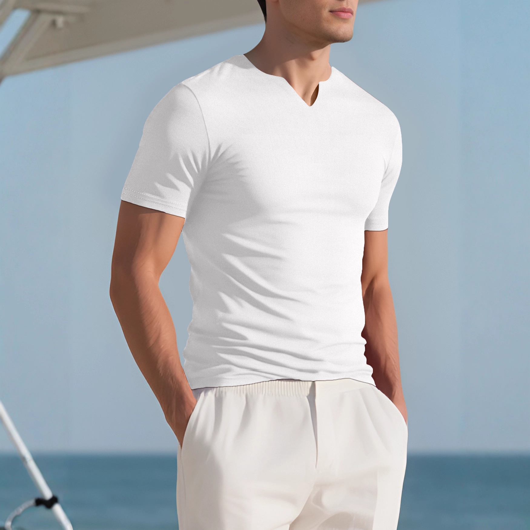 Nuevo transfronterizo Amazon verano nuevo hombre deporte elástico camiseta de tendencia americana camiseta de Henry manga corta casual
