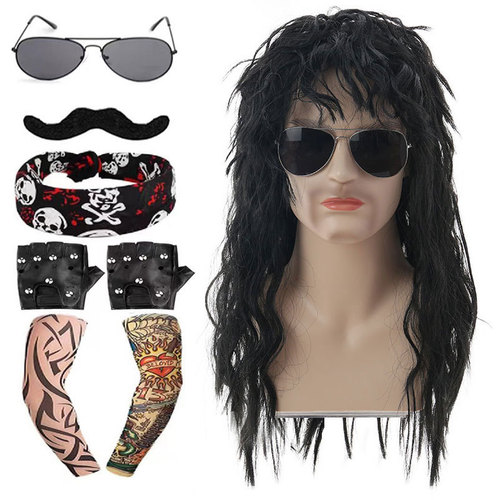 Halloween Cosplay Punk Heavy Metal 80s Disco Party Western Men's Hip-Hop Rock Wig Set