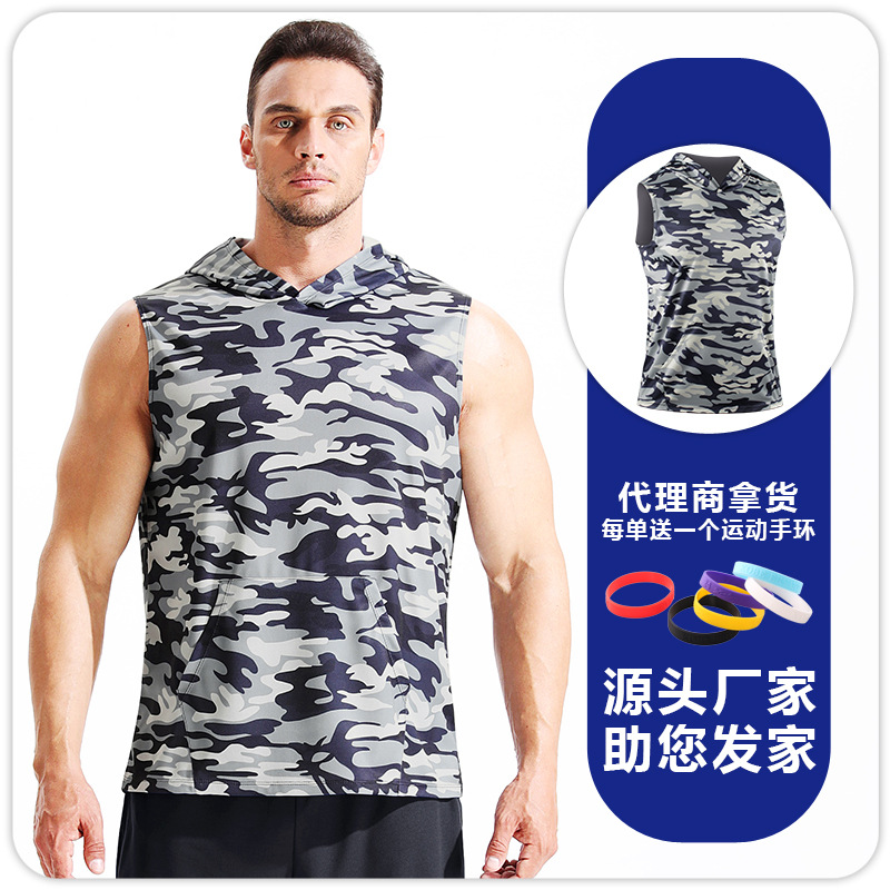 Chaleco con capucha de camuflaje para hombre, camiseta estampada transpirable de secado rápido, top sin mangas informal holgado para correr maratón image 9