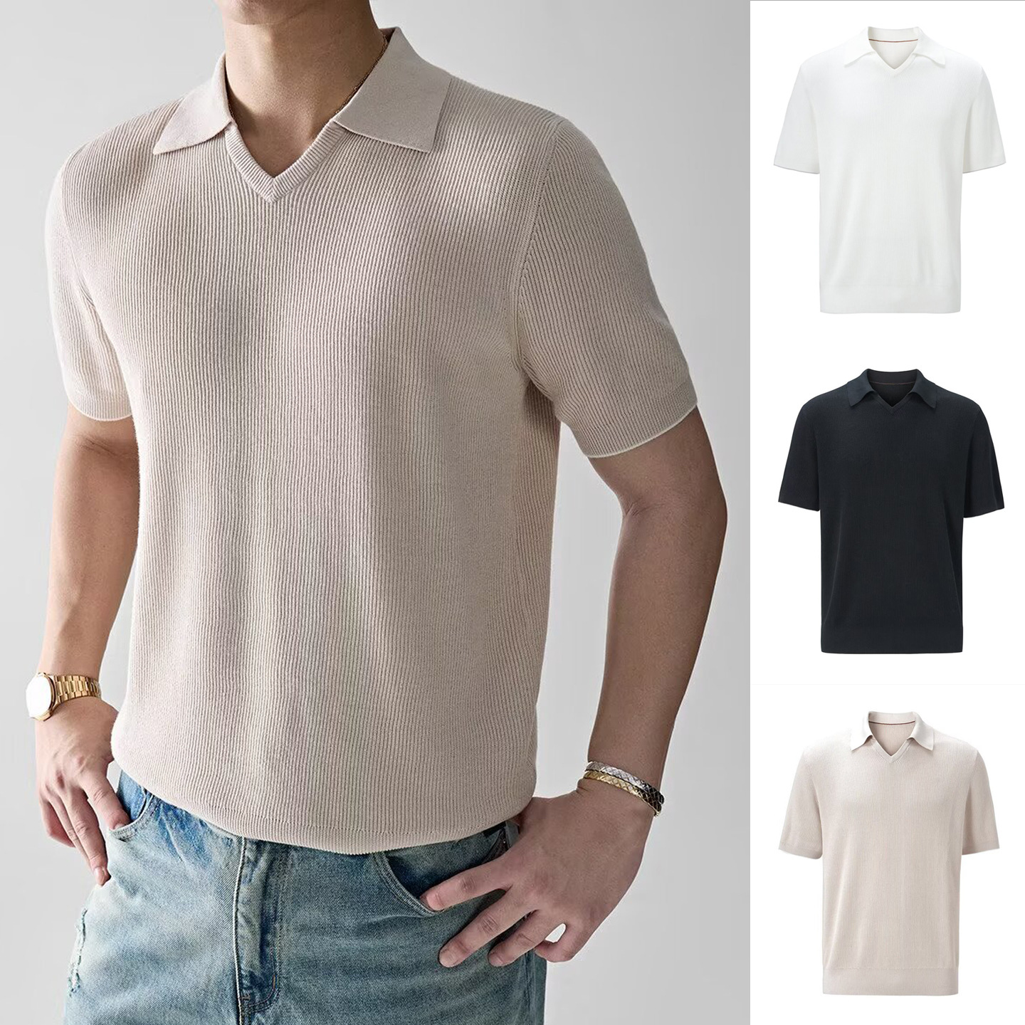 Polo camiseta de punto camiseta de manga corta camiseta hombre cuello en V mallas agujeradas viejos negocios hielo seda fábrica de verano transfronteriza mayorista