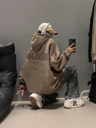 Pink Faux Suede Hooded Sweatshirt for Men, Spring and Autumn Fashion Brand, Instagram Heavyweight, Cool and Casual Couple's Loose and Large Size Outerwear