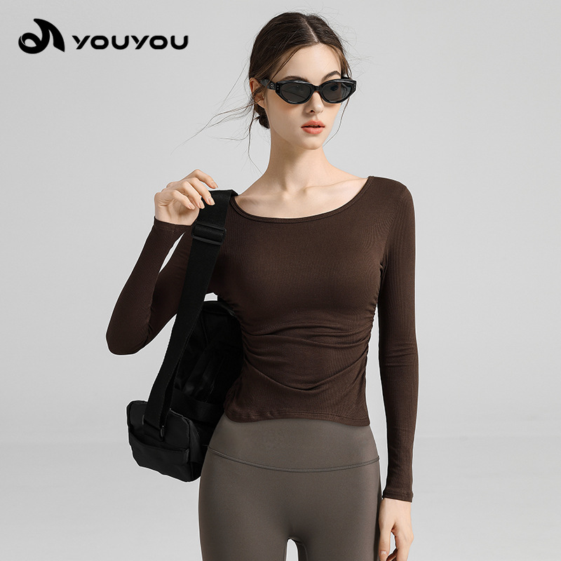 2025 New Autumn and Winter Yoga Wear Pleated Slim Pilates Round Neck Casual Sports Top Women's Fitness Long-Sleeved T-Shirt