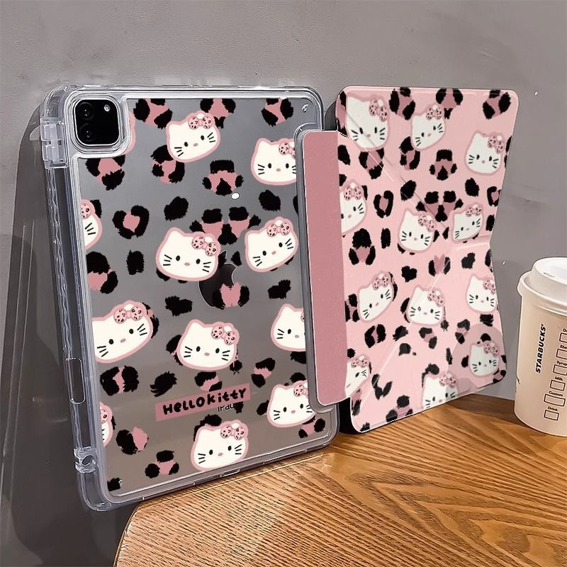 Pink Leopard Print Kt Cat Apple iPad Pro Y Foldable Air6/5 with Pen Slot 11inch Anti-Fall All-Inclusive Tablet Protective Case