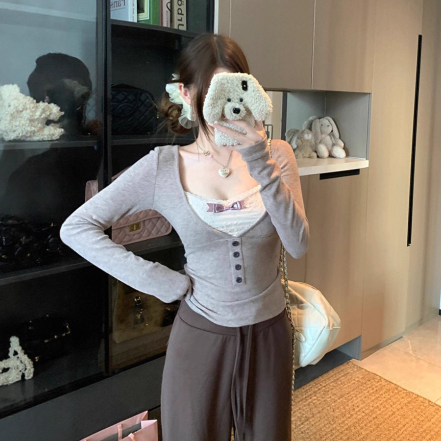 蕾丝拼接假两件蝴蝶结长袖T恤女秋季修身收腰打底上衣纯欲风
