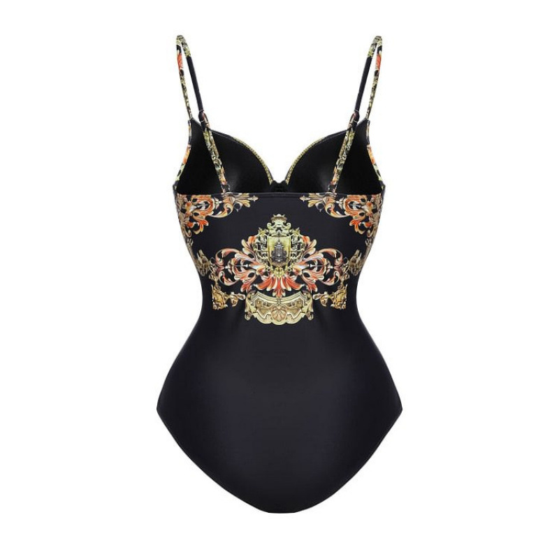 Schwarzer, goldbedruckter Badeanzug für Damen mit Trägern, sexy Urlaubs-Bademode aus Polyester und Nylon_voghion.com