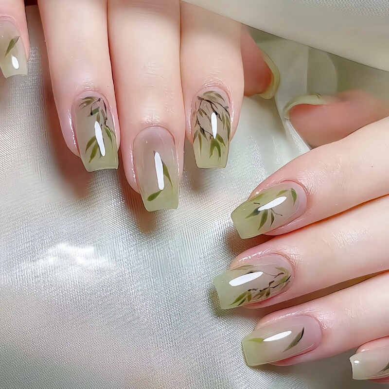Spring and Summer Fresh Wearable Nails with Oriental Aesthetics, Ice-Clear Bamboo Elegance, Ancient Style Atmosphere, and a Sense of Style, Detachable Nail Pieces Spring and Summer Fresh Wearable Nails with Oriental Aesthetics, Ice-Clear Bamboo Elegance, Ancient Style Atmosphere, and a Sense of Style, Detachable Nail Pieces