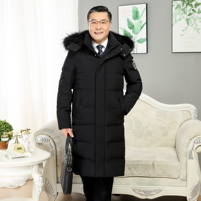 Winter Clothing for Middle-Aged and Elderly Men's Mid-Length down Jacket for Dad with Hood, Extra Thick Grandpa Warm Jacket, Winter Outwear Gift
