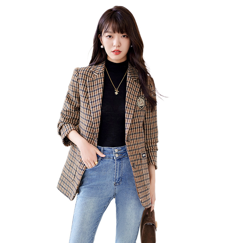 Na Ludo fashion vintage plaid suit jacket 2023 autumn/winter new badge commuter wool small suit top