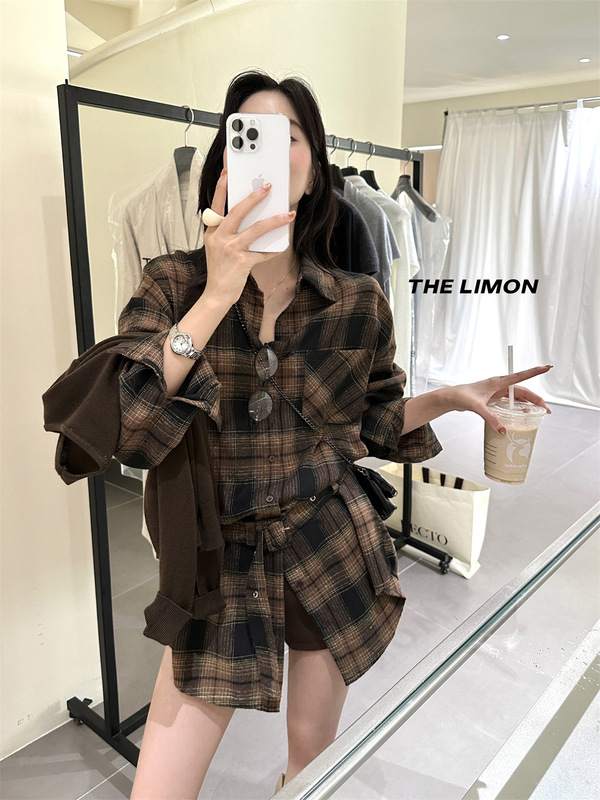 THE LIMON柠檬绿茶2025秋季复古设计感腰带磨毛格纹衬衫(配腰带）|undefined