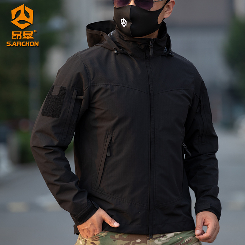 Angken Outdoor Tactical De Softshell Jacket for Men, Spring and Autumn, Wear-Resistant, Waterproof, Hooded Stand Collar Jacket with Multiple Pockets