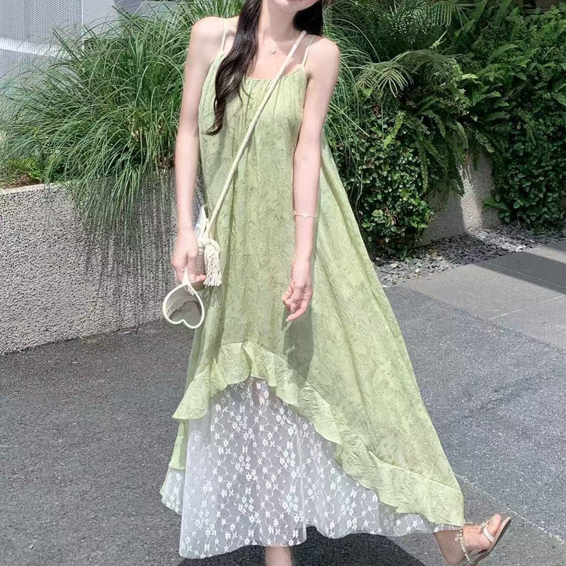 法式2025印花夏季拼接新款海边吊带度假气质不规则连衣裙裙子|undefined