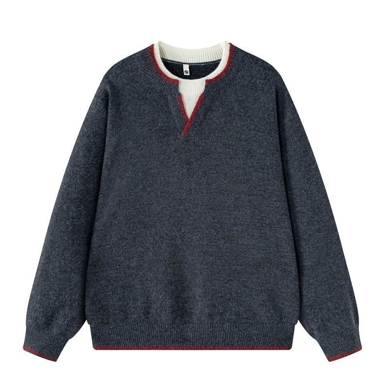 Heavyweight faux two-piece color-blocked hand-stitched sweater for men, new autumn/winter style, versatile loose-fitting inner layer knit top, trendy