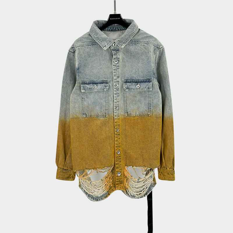 Dark Style Denim Jacket for Men 25 New Gradient Distressed Jacket with Color Matching Design and Destroyed Denim Shirt Jacket