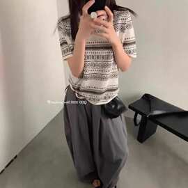 民族风撞色针织短袖上衣女2026春夏季新款时尚小众别致短款t恤潮