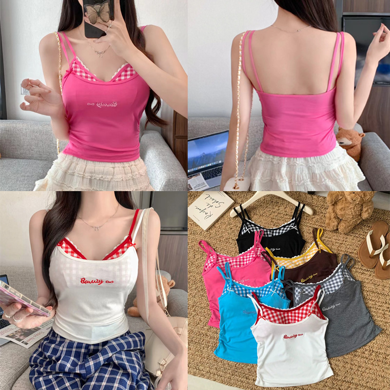 New Lace Camisole Fake Two-Piece Embroidered Letters with Summer Intimates Slim Fit Top with Breast Pads