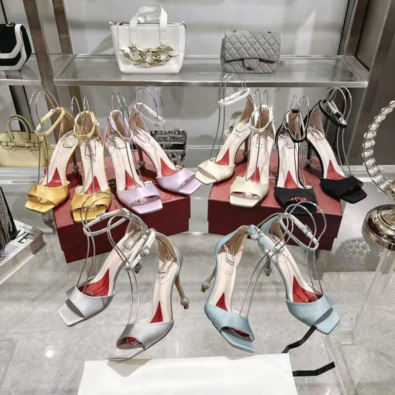 High Version 25 Spring and Summer New Style Square Toe Heart Genuine Leather Sole Silk Surface Rhinestone Ball Stiletto Heel Sandals for Women