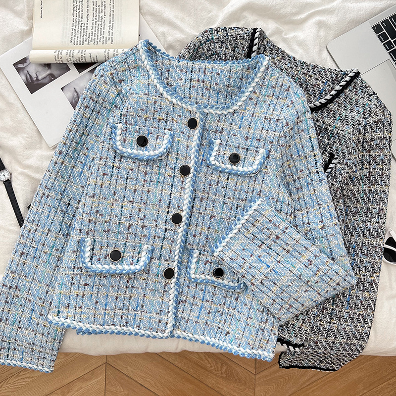 French-Style Foreign Trade Tweed Woven Round Neck Single-Breasted Long-Sleeve Short Cardigan Jacket for Women