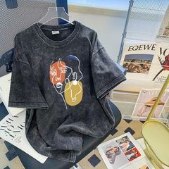 国境を越えたヨーロッパとアメリカの服夏のキャラクタープリントファッションカジュアルウォッシュオールドコットンTシャツトップス卸売供給