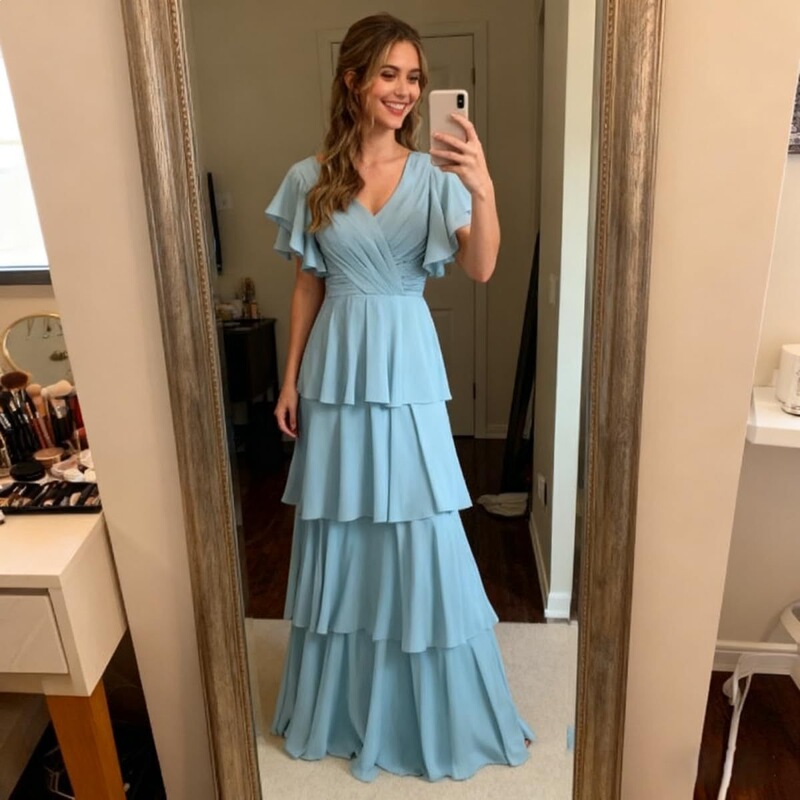 Women's Layered Ruffle Bridesmaid Dress 2026 New V-Neck Chiffon Formal Evening Gown with Sleeves Women's Layered Ruffle Bridesmaid Dress 2026 New V-Neck Chiffon Formal Evening Gown with Sleeves