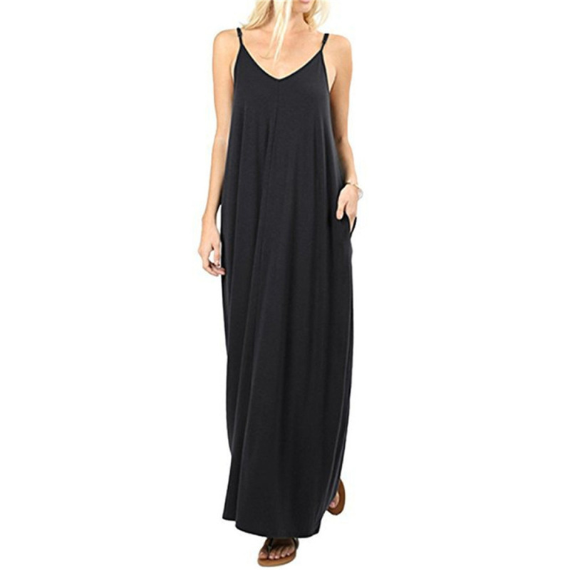 European and American Women's Fashion Sexy Tank Dress Cross-Border Amazon Solid Color Loose Casual Pocket Strap Maxi Dress European and American Women's Fashion Sexy Tank Dress Cross-Border Amazon Solid Color Loose Casual Pocket Strap Maxi Dress