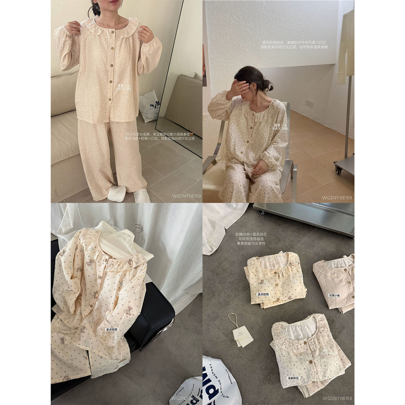 XIA'X Summer Girl Korean Style Lace Trim Cartoon Print Homewear Set High-Quality Cotton Gauze Pajama Set for Women