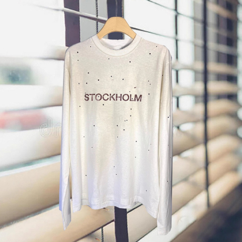 Shenzhen Nanyou High Version 25 Early Spring New AC1996 Letter Printing Old Design Sense Hot Drilling Long Sleeve T-Shirt