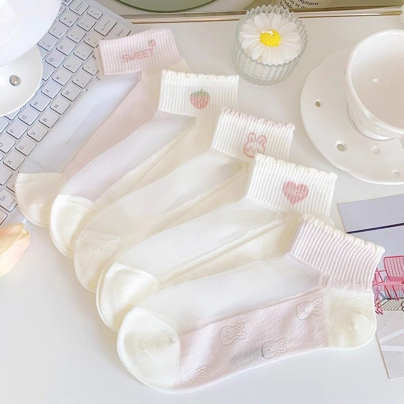 Pink Glass Silk Crystal Socks for Women Ins Trendy Summer Thin Transparent Socks Cute Ultra-Thin Pure Cotton Bottom Boat Socks