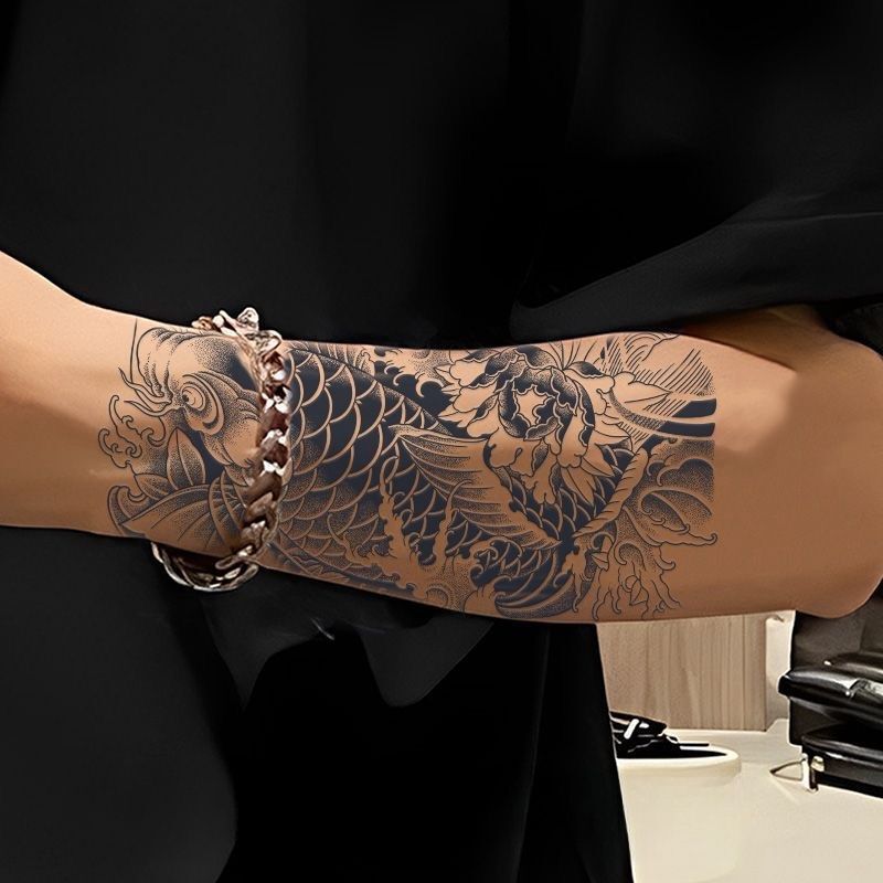 Transporter Koi Half Arm Herbal Tattoo Sticker Waterproof Women's Lasting Men's Artificial Tattoo Juice