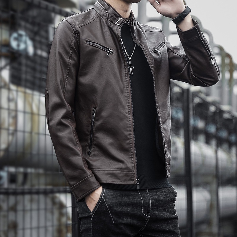 PU leather spring and autumn Korean version trendy brand slim fit casual stand collar versatile plus velvet motorcycle_ipsvogv.com