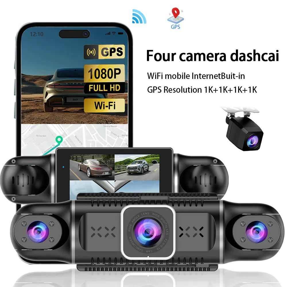 跨境新款汽车3寸四录同显1080P高清夜视GPS轨迹WiFi版行车记录仪