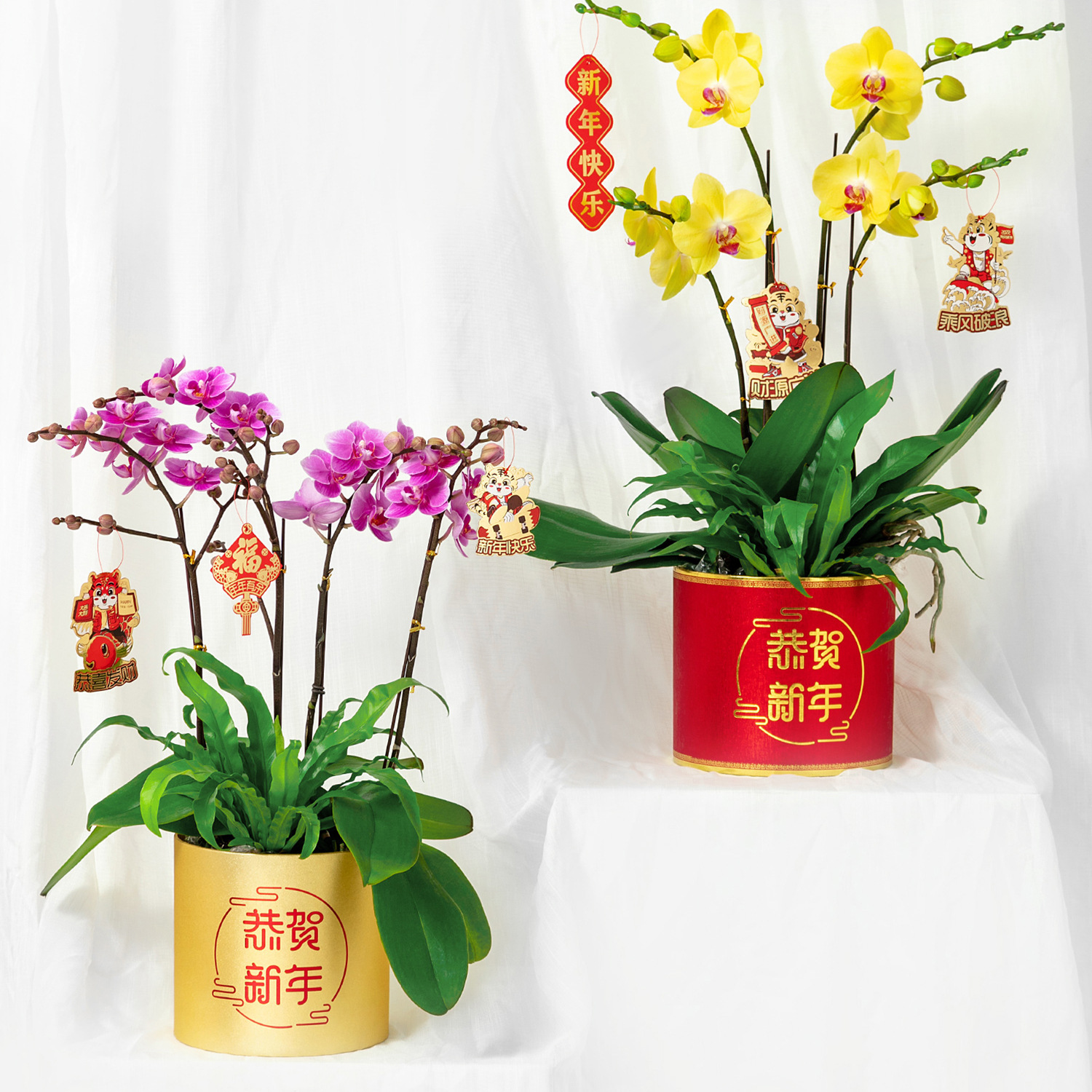 恭贺新年桶年宵花福桶花艺插花喜庆红色金色新春鲜花包装材料