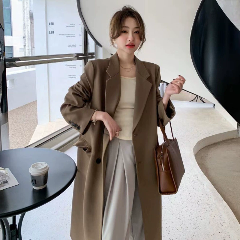 2025 осень и зима корейский длинный пиджак женский повседневный костюм свободный тонкий темперамент плащ