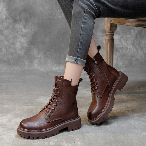 Women's Martin Boots  Autumn/Winter New Chunky Heel Medium Heel Short Boots Side Zip British Style Plush Motorbike Boots