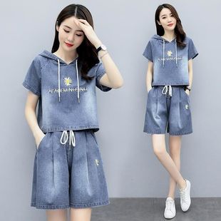 Single Piece/set Women's 2022 Summer New Korean Style Hooded Short-sleeved Small Fragrant Casual Denim Shorts Two-piece Set
